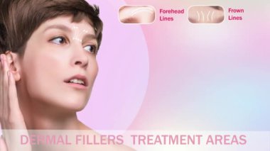 2 boyutlu animasyon. Kırışıklık önleyici iğne için tedavi alanları. Temiz ve taze ciltli genç bir kadın. Kadın yüzü ve boynu. Kafkasyalı genç bir kadının portresi. İp konseptine göre kaldırılıyor