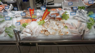Bardelona, İspanya - 30 Eylül 2024 Lidl mağazası. Alman uluslararası indirimli süpermarket perakende zinciri. Farklı taze balıkların olduğu balık pazarı. Tekir, dorado, karides, ançüez, uskumru, mahi-mahi..