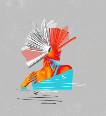 Eğitim için bir metafor olarak kitaplarla kafa kafaya. Sanat kolajı veya tasarım. Yaratıcı fikir sembolü. Ruh sağlığı, düşünme, psikoloji, eğitim, entellektüel gelişim kavramı