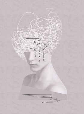 Mutsuz ve yorgun bir kadının portresi. Huzur ve sükunet arıyorum. Soyut insan beyni, çizilmiş stil. Ruh sağlığı konsepti - sanat tasarımı veya kolaj.