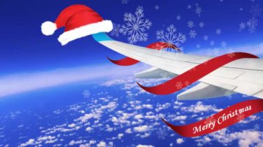 Bulutların üzerinde kırmızı Noel Baba şapkası ve mavi gökyüzü olan bir uçak. Mutlu Noel seyahatleri ve tatil konsepti. 2 Boyutlu Canlandırma