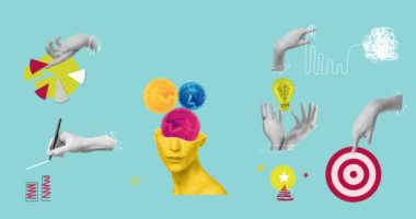 Ana iş konseptleri hakkında 2D animasyon - satış artışı. Hedef başarısı. Pazar payı. Pazarlama. Liderlik ve fikir