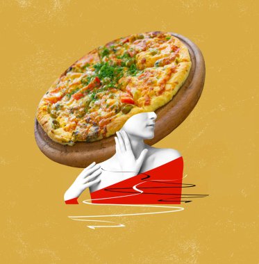 Çağdaş sanat kolajı. Kafasında pizza olan çerçeveli bir kadın düşünün..