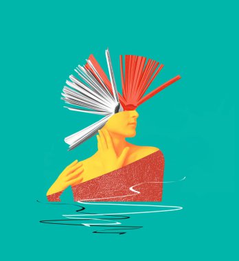 Eğitim için bir metafor olarak kitaplarla kafa kafaya. Sanat kolajı veya tasarım. Yaratıcı fikir sembolü. Ruh sağlığı, düşünme, psikoloji, eğitim, entellektüel gelişim kavramı