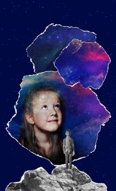 Childhood and dream concept. Conceptual image with girl dreaming about big future, outter space, stars, planets. Creative art collage, design clipart