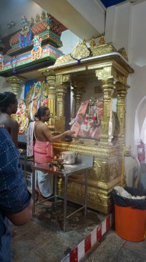 Singapur - 20 Ocak 2025: İnsanlar Singapur 'daki Sri Mariamman Tapınağı' nda dini bir törene katıldılar