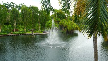 Singapur 'daki Marina Körfezi Kumları' nda yapay gölü olan güzel bir bahçe.