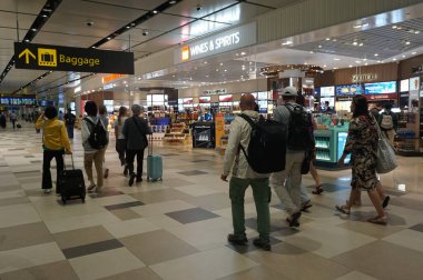 Singapur - 20 Ocak 2025: Singapur Changi Havalimanı 'na giden insanlar. Changi Havalimanı Singapur 'un birincil sivil havaalanıdır ve Güneydoğu Asya' nın en büyük ulaşım merkezlerinden biridir..