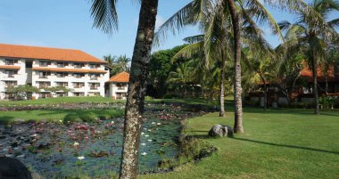Nusa Dua, Bali, Endonezya - 18 Ocak 2025: Nusa Dua, Bali, Endonezya 'daki Grand Hyatt Bali tatil beldesinde tropikal ağaçlı lotus havuzu veya laguna.
