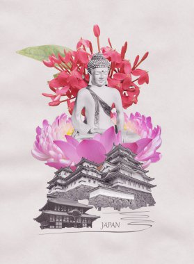 Geleneksel bir Japon seyahat merkezinin sanat kolajı ve tasarımı