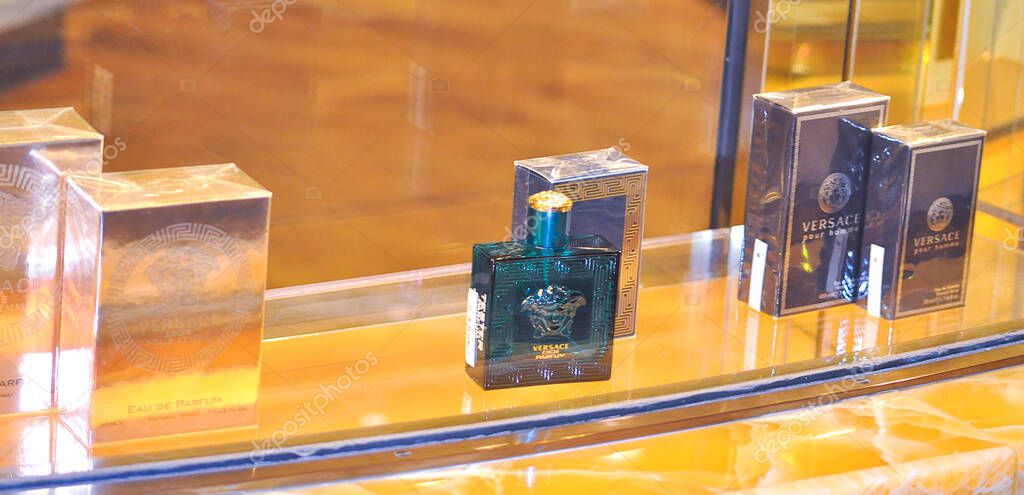 Corfu, Greece - May 8, 2025: Shop display of perfume from Versace perfume on display at cruise ship Fantasia