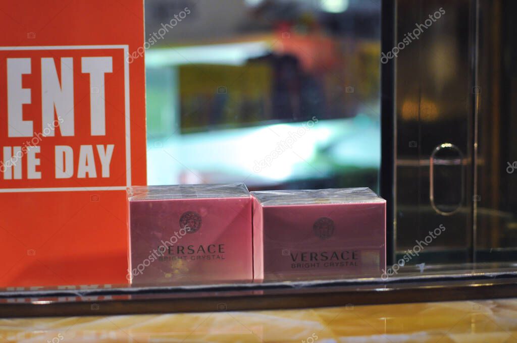 Corfu, Greece - May 8, 2025: Shop display of perfume from Versace perfume on display at cruise ship Fantasia
