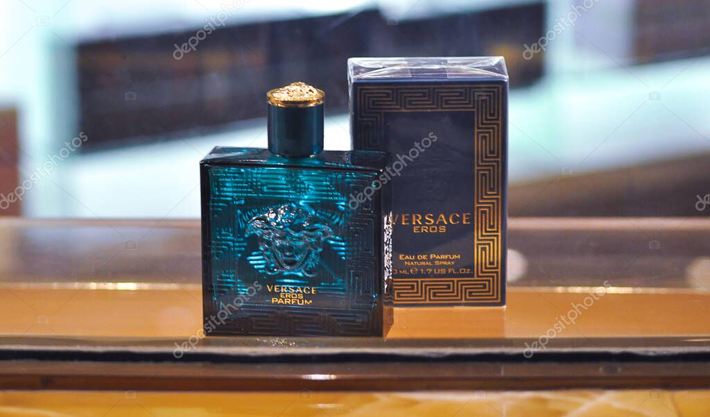 Corfu, Greece - May 8, 2025: Shop display of perfume from Versace perfume on display at cruise ship Fantasia