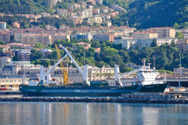 Trieste, İtalya - 11 Mayıs 2025: Ağır yük gemisi Annegret 11 Mayıs 2025 'te İtalya' nın Trieste kentindeki limandan ayrılacak