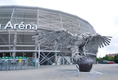 Budapeşte, Macaristan - 14 Mayıs 2025: Ferencvaros Stadyumu, ayrıca Groupama Arena olarak da bilinir, Macaristan 'ın başkenti Budapeşte' de yer alan çok amaçlı bir stadyumdur.