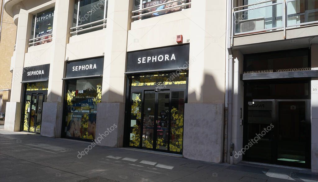 Bari, Italy - May 10, 2025: Facade of the Sephora store. Sephora is a french multinational chain of personal care and beauty stores