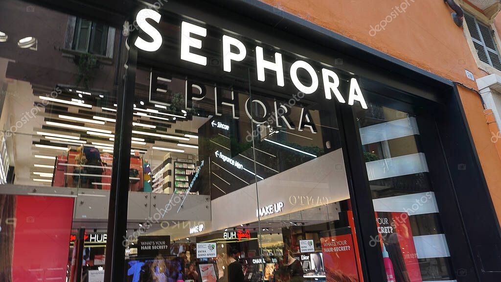 Bari, Italy - May 10, 2025: Facade of the Sephora store. Sephora is a french multinational chain of personal care and beauty stores