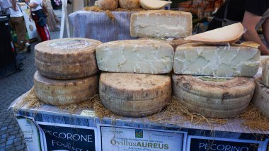 Verona, İtalya - 12 Mayıs 2025: İtalya 'nın Verona kentindeki Piazza Sütyen' deki zanaatkar İtalyan peynir mobil dükkanının görüntüsü.