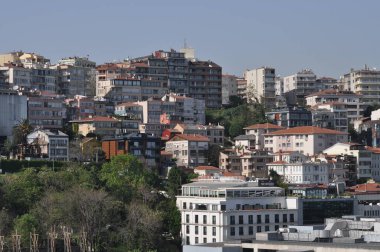 İstanbul. Yolcu gemisinden Taksim hava görüntüsü. Karaköy 'deki Galataport rıhtımında şehrin ufuk çizgisi manzaralı.
