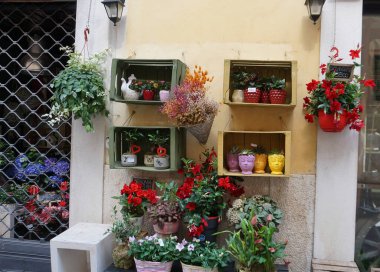 Verona, İtalya - 12 Mayıs 2025 Verona 'nın dar sokaklarında güzel dekore edilmiş küçük pastaneler.