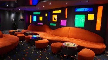 Trieste, İtalya - 9 Mayıs 2025: MSC Fantasia yolcu gemisinde barın içi