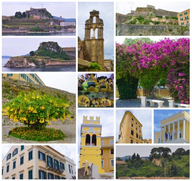 Korfu Adası 'ndaki Yunanistan' ın deniz kenarından manzarası. Kolaj