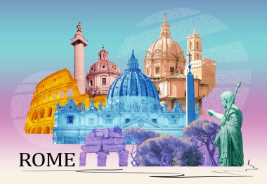 Roma 'nın ünlü simgeleri kolajı. Roma 'nın en iyi manzarasından modern sanat tasarımı, Avrupa' da Ital.