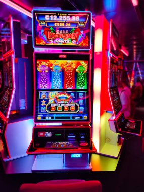 Barcelona, Spain - September 26, 2025: View of the casino and gaming tables inside the MSC Fantasia, a cruise ship owned by MSC Cruises.