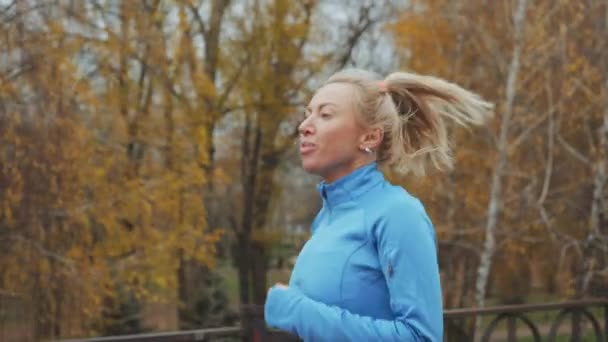 Mujer Joven Ropa Deportiva Corriendo Parque Cámara Lenta Hojas Caídas — Vídeos de Stock