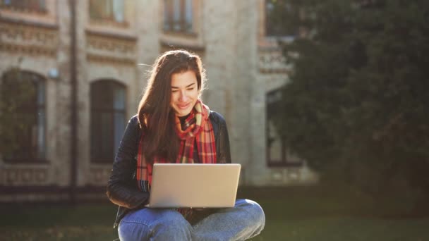 年轻女子坐在公园里 在夕阳西下的余晖中 正在进行网上视频通话 女学生与小组成员或老师一起在笔记本电脑上学习缩放活动 从1到5人 技术概念 — 图库视频影像