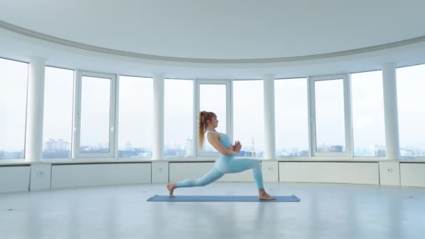 Adult Blonde Woman Practicing Yoga Pose Sequence Studio Yogi Female — Αρχείο Βίντεο