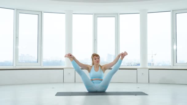 Adult Blonde Woman Practicing Yoga Pose Sequence Yoga Studio Yogi — Stok video