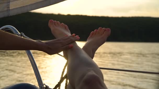 Crop Lesbian Woman Touching Crossed Legs Her Partner Voyage Sailboat — Vídeo de Stock