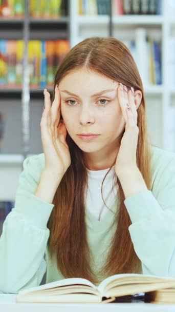 Vertical Screen Sad Teenager Casual Wear Sitting Table Suffering Headache — Wideo stockowe