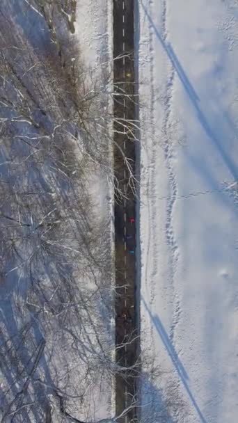 Κάθετη Οθόνη Εναέρια Άνθρωποι Τρέχουν Μαραθώνιο Χιονισμένο Πάρκο Λωρίδα Χειμώνα — Αρχείο Βίντεο