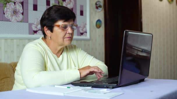 Vedoucí Stará Žena Brýlích Kontrola Náklady Každodenní Výdaje Notebooku Doma — Stock video