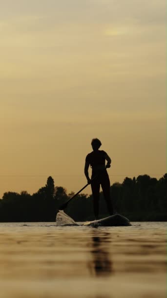 垂直画面 女性のシルエットのSupボード上のカメラに向かって日没時にパドリング 水の波紋 美しい風景の中でスポーツをするアクティブな女性 健康的なライフスタイルと屋外活動 — ストック動画