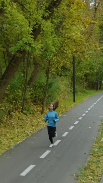 Vertical Screen Zeitlupe Junge Frau Sportbekleidung Joggt Herbst Park Tracking — Stockvideo