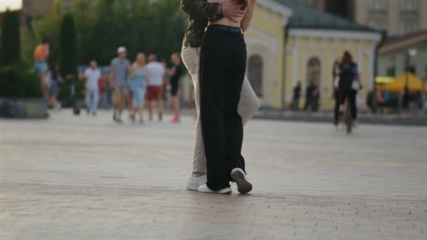 Unrecognizable Young Couple Sensually Dances Summer Terrace Latin Music Evening Stock Video