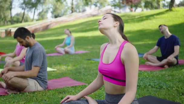 Egy Fiatal Bemelegít Edzés Előtt Füvön Üldögél Napos Nyári Parkban — Stock videók