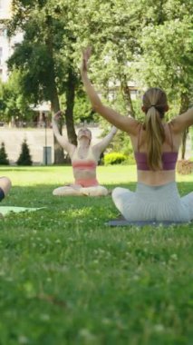 Çeşitli gruplar gerinme egzersizleri yapıyor, yoga eğitmenlerini takip ediyorlar. Şehir parkındaki yeşil çimlerin üzerinde oturan zinde insanlar. Sağlık ve Sıhhat kavramı
