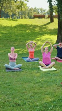 Asana 'yı bükme alıştırması yapan bir grup insan. Yoga pratisyenleri şehir parkında yeşil çimlerin üzerinde otururken birlikte esneme hareketleri yapıyorlar. Sağlık ve Sıhhat kavramı