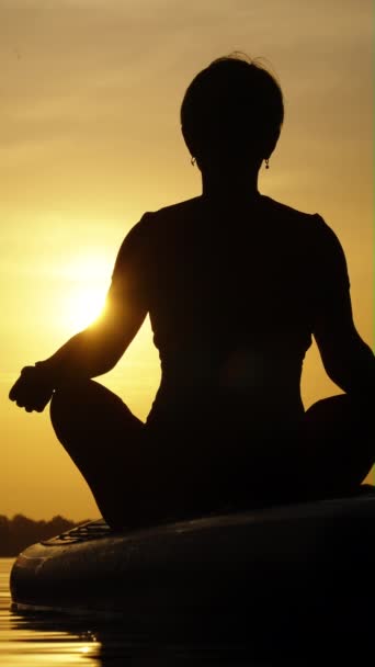 Vertical Screen Silhouette Woman Meditating Lotus Pose Sup Board Sunset — Stock Video