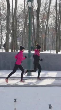 Pembe ve siyah spor giyimli koşucular güneşli bir günde kış parkında egzersiz yapıyorlar. Dolly, insanların açık hava aktivitelerinden zevk almalarını sağlıyor. Spor anlayışı