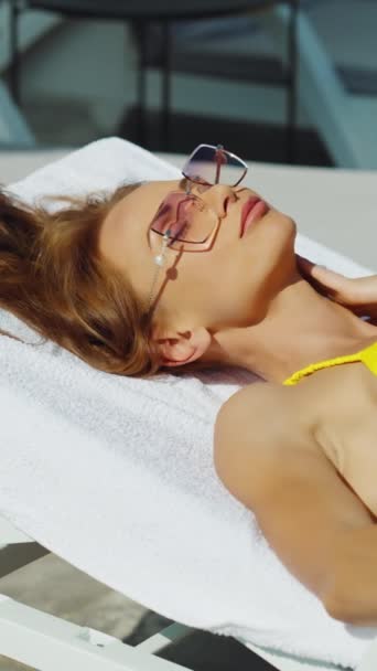 Vertical Screen Closeup Beautiful Woman Sunglasses Yellow Bikini Relaxing Having — Stock Video