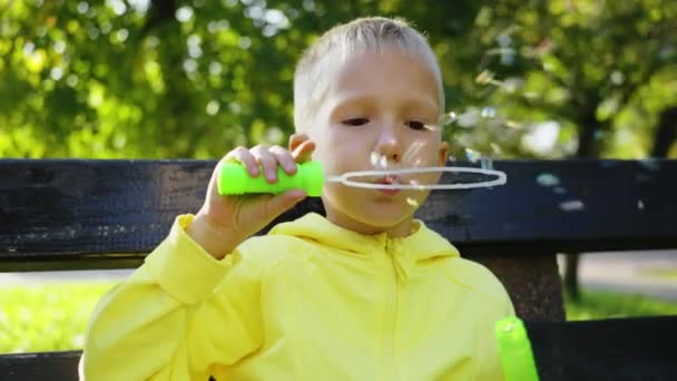Radostný Chlapec Fouká Mýdlové Bubliny Zatímco Sedí Lavičce Slunečném Parku — Stock video