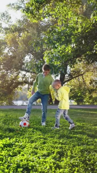 Vertikální Obrazovka Dva Chlapci Hrají Fotbalovým Míčem Trávě Parku Při — Stock video