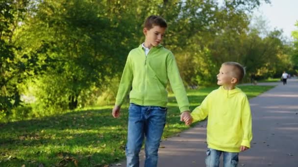 两个男孩沿着公园小巷走着 一个大男孩牵着小男孩的手 兄弟们在户外消磨时光 童年的概念 — 图库视频影像