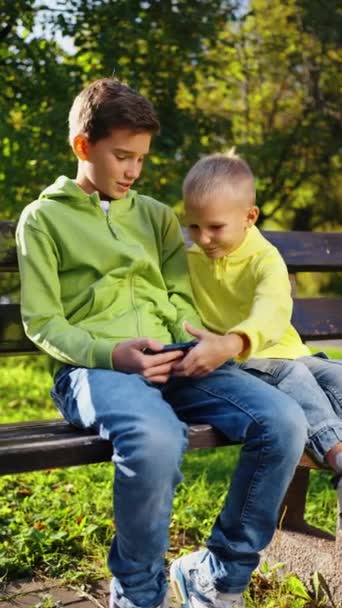 垂直屏风 两个兄弟在公园的长椅上坐着时 对谁会在电话上玩意见不一 年轻的男孩想从年长的男孩那里抢智能手机 行动成瘾概念 — 图库视频影像