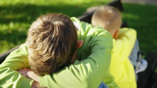 Δύο Νεαρά Αγόρια Ανοιχτό Πράσινο Κάθονται Πλάτη Πλάτη Αδελφική Διαμάχη — Αρχείο Βίντεο
